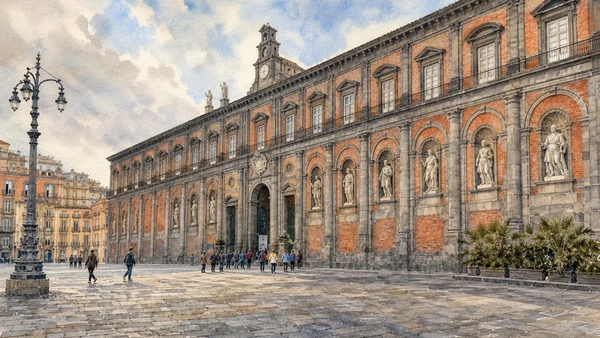 Original documentary watercolour of Royal Palace façade: viceroys, kings and the national narrative in Naples, showing architecture, people and present-day urban context
