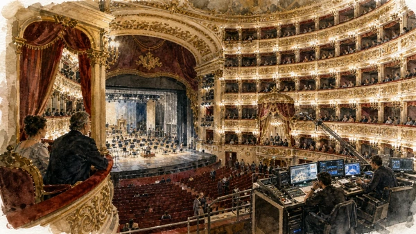 Original documentary watercolour of San Carlo auditorium: sight, hierarchy and acoustic machine in Naples, showing architecture, people and present-day urban context