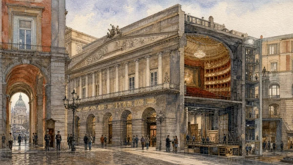 Original documentary watercolour of Teatro di San Carlo: opera house joined to palace and city in Naples, showing architecture, people and present-day urban context