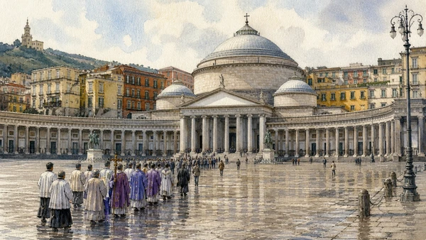Original documentary watercolour of San Francesco di Paola: church and political completion in Naples, showing architecture, people and present-day urban context