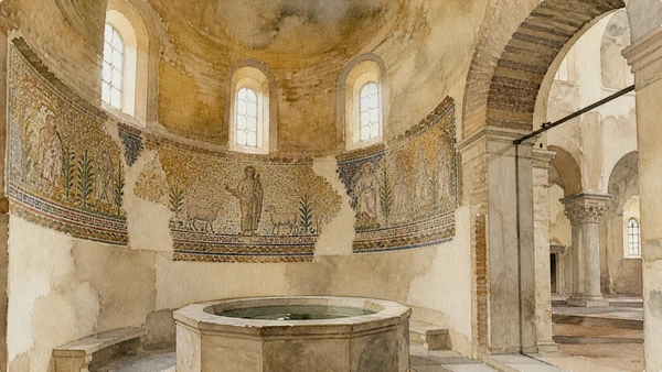 Original documentary watercolour of San Giovanni in Fonte: the early Christian baptistery in Naples, showing architecture, people and present-day urban context