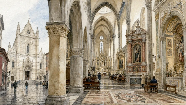 Original documentary watercolour of Naples Cathedral: façade, nave and repeated rebuilding in Naples, showing architecture, people and present-day urban context