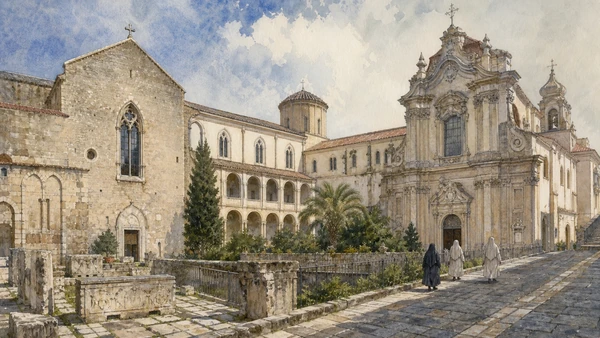Original documentary watercolour of Donnaregina: female patronage and two churches in Naples, showing architecture, people and present-day urban context