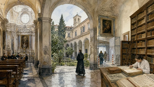 Original documentary watercolour of The Girolamini: church, library and musical institution in Naples, showing architecture, people and present-day urban context