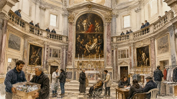 Original documentary watercolour of Pio Monte della Misericordia: charity organised through art in Naples, showing architecture, people and present-day urban context