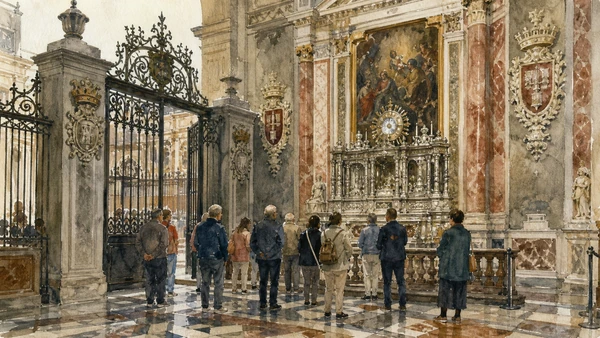 Original documentary watercolour of Chapel of the Treasure of San Gennaro: civic devotion in marble and silver in Naples, showing architecture, people and present-day urban context