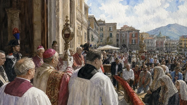 Original documentary watercolour of San Gennaro's feast: ritual, calendar and collective attention in Naples, showing architecture, people and present-day urban context