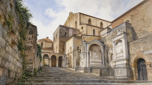 Original documentary watercolour of San Giovanni a Carbonara: dynastic tombs beyond the ancient walls in Naples, showing architecture, people and present-day urban context