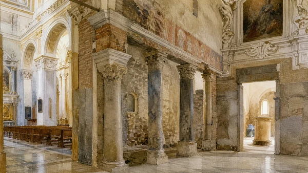 Original documentary watercolour of Santa Restituta: an earlier basilica inside the Cathedral in Naples, showing architecture, people and present-day urban context