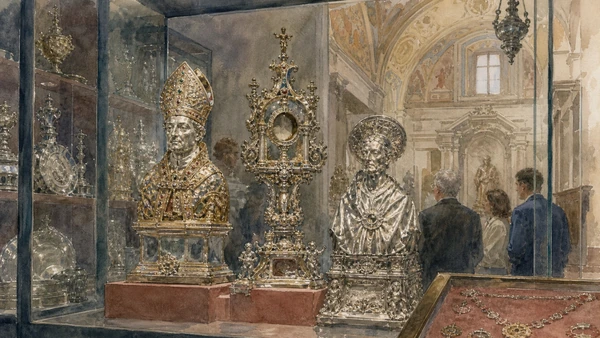 Original documentary watercolour of Museum of the Treasure of San Gennaro: devotion, diplomacy and material value in Naples, showing architecture, people and present-day urban context