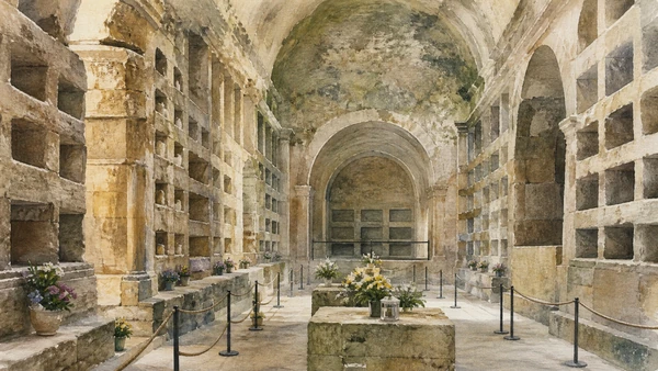 Original documentary watercolour of Fontanelle Cemetery: quarry, ossuary and contested devotion in Naples, showing architecture, people and present-day urban context