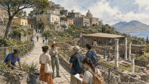 Original documentary watercolour of The Holy Mile: community governance and a connected route in Naples, showing architecture, people and present-day urban context