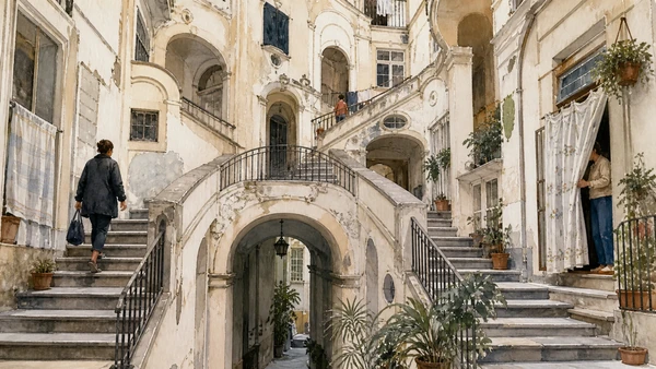 Original documentary watercolour of Palazzo dello Spagnuolo: staircase, density and present residence in Naples, showing architecture, people and present-day urban context