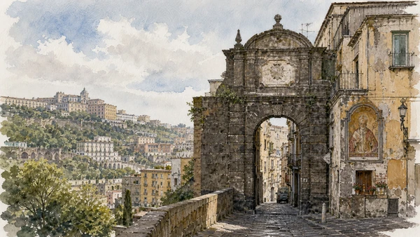 Original documentary watercolour of Porta San Gennaro: gate toward burial and pilgrimage in Naples, showing architecture, people and present-day urban context