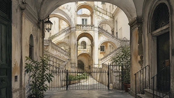 Original documentary watercolour of Palazzo Sanfelice: Baroque stairs as urban theatre in Naples, showing architecture, people and present-day urban context