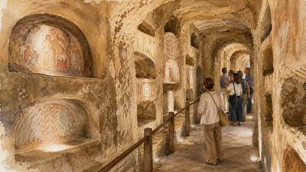 Original documentary watercolour of Catacombs of San Gaudioso: burial, fresco and bodily memory in Naples, showing architecture, people and present-day urban context