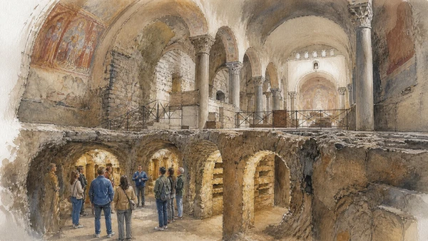 Original documentary watercolour of Catacombs of San Gennaro: two levels and an early Christian community in Naples, showing architecture, people and present-day urban context