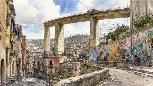 Original documentary watercolour of Ponte della Sanità: infrastructure that connected and divided in Naples, showing architecture, people and present-day urban context