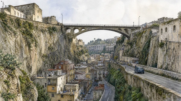 Original documentary watercolour of The Sanità valley: terrain before neighbourhood in Naples, showing architecture, people and present-day urban context