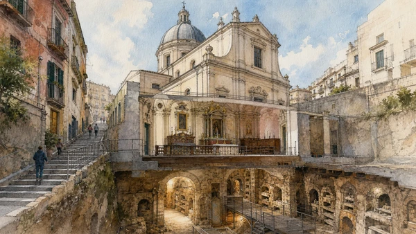 Original documentary watercolour of Santa Maria della Sanità: basilica above the catacomb in Naples, showing architecture, people and present-day urban context