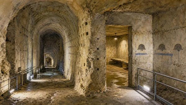 Original documentary watercolour of Galleria Borbonica: royal escape project and wartime shelter in Naples, showing architecture, people and present-day urban context