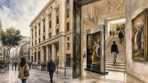 Original documentary watercolour of Palazzo Piacentini and Gallerie d'Italia: bank, city and collections in Naples, showing architecture, people and present-day urban context