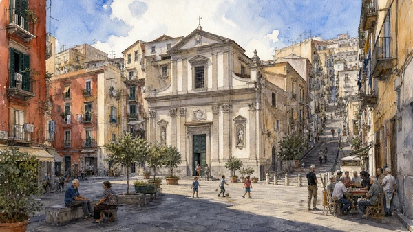 Original documentary watercolour of Montecalvario: parish, square and neighbourhood centre in Naples, showing architecture, people and present-day urban context