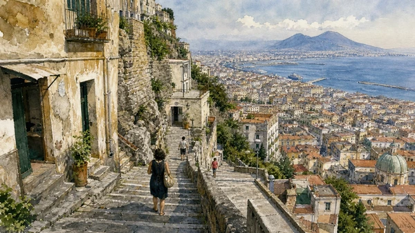 Original documentary watercolour of Pedamentina and the hill routes: stairs as urban infrastructure in Naples, showing architecture, people and present-day urban context