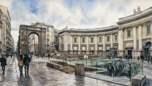 Original documentary watercolour of Piazza Dante: wall, forum and modern threshold in Naples, showing architecture, people and present-day urban context