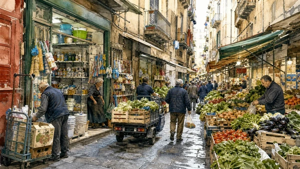 Original documentary watercolour of Pignasecca market: food, household goods and neighbourhood supply in Naples, showing architecture, people and present-day urban context