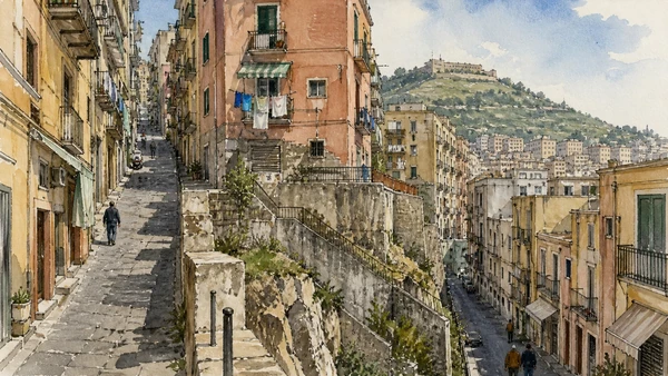 Original documentary watercolour of Quartieri Spagnoli: grid, slope and domestic thresholds in Naples, showing architecture, people and present-day urban context