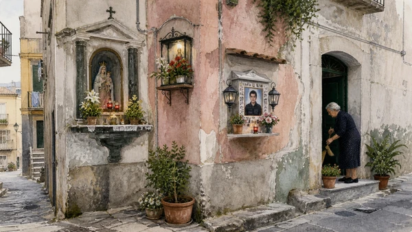 Original documentary watercolour of Street shrines: devotion, memory and neighbourhood maintenance in Naples, showing architecture, people and present-day urban context