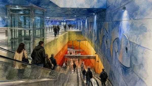Original documentary watercolour of Toledo Metro station: public infrastructure as contemporary art in Naples, showing architecture, people and present-day urban context