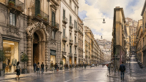 Original documentary watercolour of Via Toledo: a viceregal line through the modern city in Naples, showing architecture, people and present-day urban context