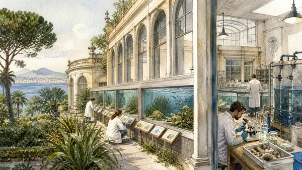 Original documentary watercolour of Anton Dohrn Aquarium: marine science in a public garden in Naples, showing architecture, people and present-day urban context