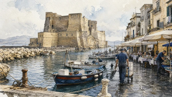 Original documentary watercolour of Borgo Marinari: harbour life inside the monument in Naples, showing architecture, people and present-day urban context