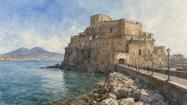 Original documentary watercolour of Castel dell'Ovo: layered fortress at the bay entrance in Naples, showing architecture, people and present-day urban context