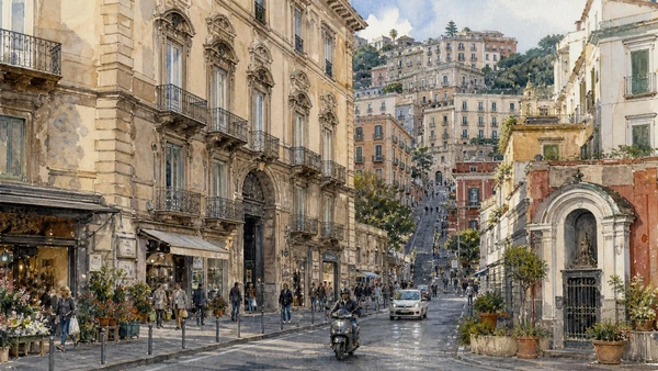 Original documentary watercolour of Chiaia: palaces, commerce and residential city behind the park in Naples, showing architecture, people and present-day urban context