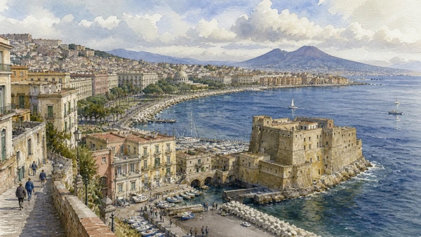 Documentary watercolour for Santa Lucia, Castel dell'Ovo and Chiaia