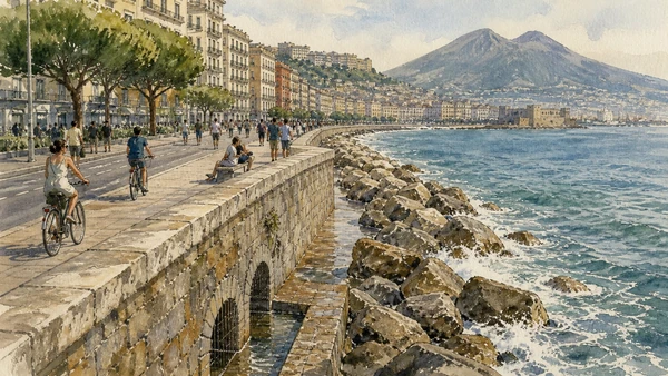 Original documentary watercolour of The Lungomare: promenade on reclaimed and engineered ground in Naples, showing architecture, people and present-day urban context