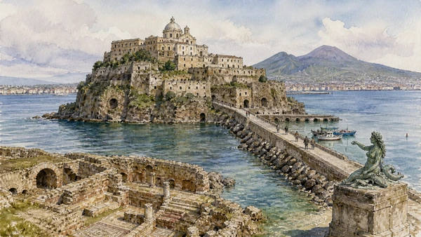 Original documentary watercolour of Megaride: settlement, villa and monastic island in Naples, showing architecture, people and present-day urban context