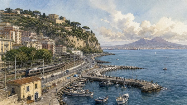 Original documentary watercolour of Mergellina: harbour, railway and the western opening in Naples, showing architecture, people and present-day urban context