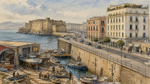 Original documentary watercolour of Santa Lucia: a maritime quarter transformed by the new waterfront in Naples, showing architecture, people and present-day urban context