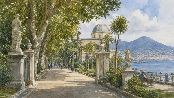 Original documentary watercolour of Villa Comunale: royal promenade becomes public park in Naples, showing architecture, people and present-day urban context