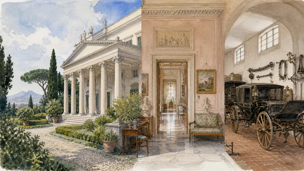 Original documentary watercolour of Villa Pignatelli: aristocratic residence and museum garden in Naples, showing architecture, people and present-day urban context