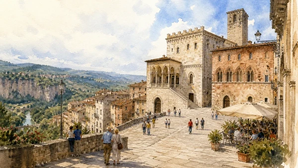 Original documentary watercolour showing Piazza dei Priori and civic palaces in its Narni urban or landscape context