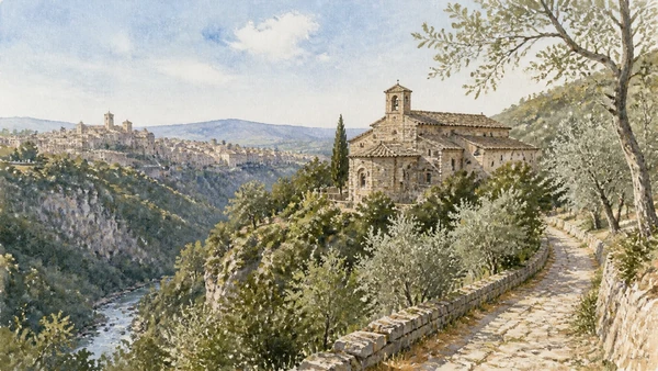 Original documentary watercolour showing Abbey of San Cassiano in its Narni urban or landscape context