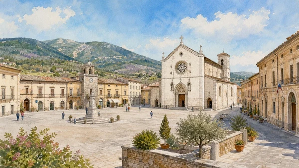 Original documentary watercolour showing Basilica of Saint Benedict in its Norcia urban or landscape context