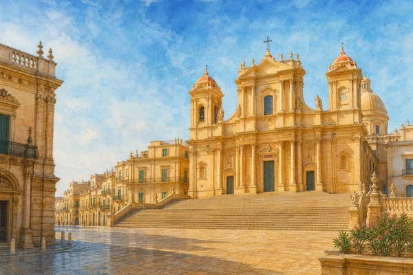 Documentary watercolour of Piazza Municipio in Noto with the Cathedral of San Nicolò, its broad staircase and the warm limestone façades of the Baroque city