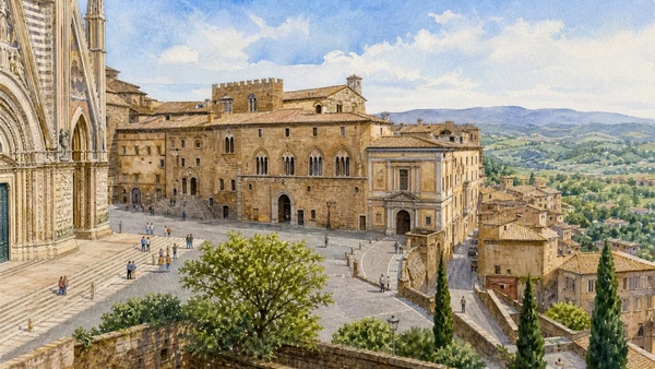 Orvieto: Etruscan City, Gothic Cathedral and Underground World 8 Original documentary watercolour showing Papal Palaces and Cathedral museums in its Orvieto urban or landscape context
